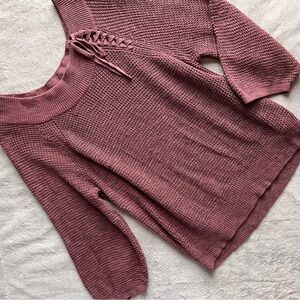 Express  Slouchy Off-the-Shoulder Bucket Sleeve Lace-Up Knit Sweater Tunic Top L